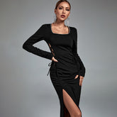 Square Collar Long Sleeve Maxi Tie Bodycon Dress